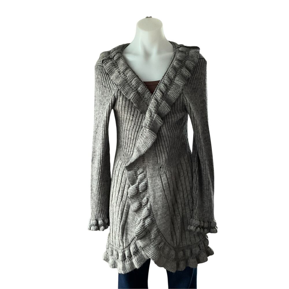 Gray Ribbed Ruffle Cardigan Sweater: Y2K, Modern